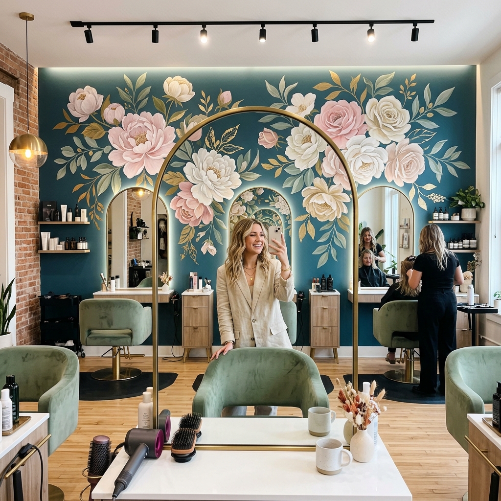 Modern hair salon with elegant floral mural behind styling stations creating an Instagram-worthy customer experience